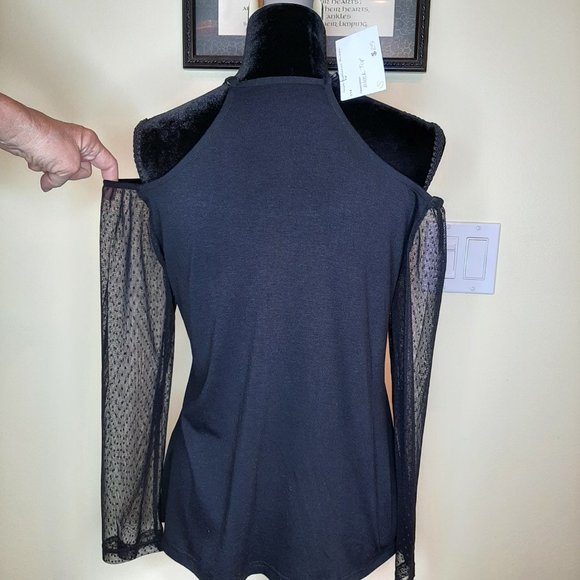 Brand New Sexy  Black Criss-Cross Cold Shoulder Sheer Lace Sleeve - Picture 4 of 11